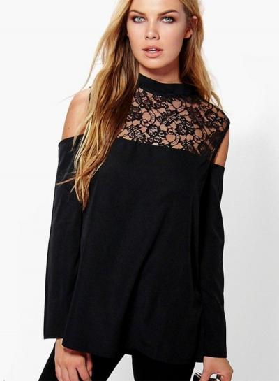 Oasap Fashion Off Shoulder Long Sleeve Lace Panel Blouse