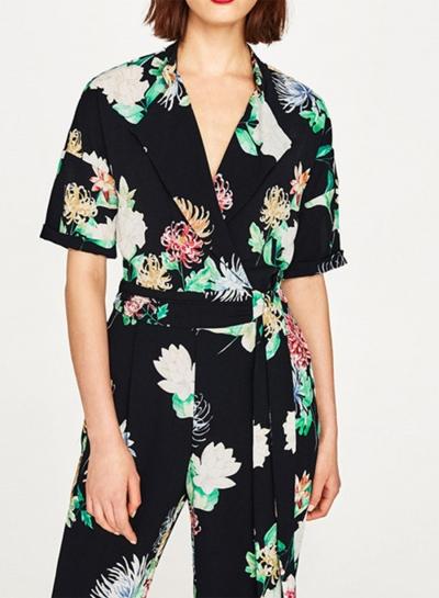 Oasap Floral Print V Neck Chiffon Jumpsuit
