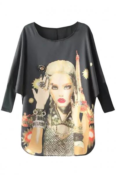 Oasap Chic Batwing-sleeve Black Chiffon Blouse