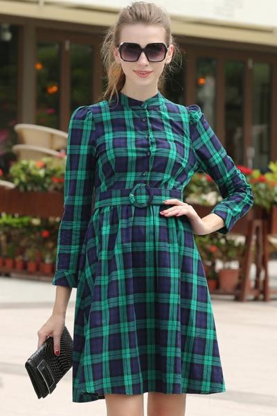 Oasap Fashion Plaid Belted Dress