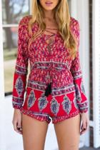 Oasap Floral Print Lace-up Front Long Sleeve Rayon Romper