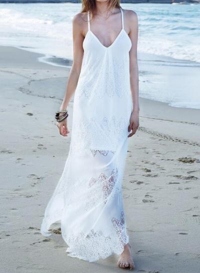 Oasap Spaghetti Strap V Neck Sleeveless Lace Maxi Dress