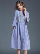 Oasap Flare Sleeve Floral Embroidery Button Down Striped Dress