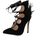 Oasap Pointed Toe Hollow Out Lace-up Feather Stiletto Pumps
