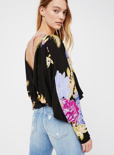 Oasap Deep V Neck Long Sleeve Floral Printed Loose Blouse