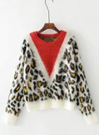 Oasap Round Neck Long Sleeve Color Block Leopard Sweater