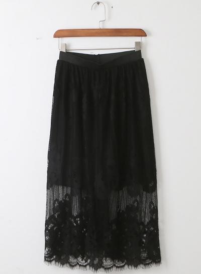 Oasap Solid Color Elastic Waist Lace Modal Skirt
