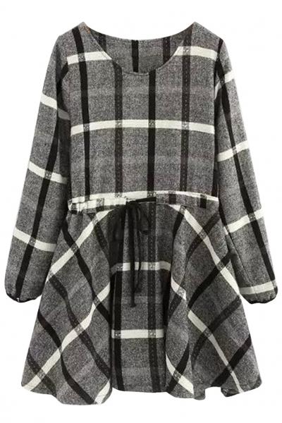 Oasap Sweet Plaid Drawstring Waist A-line Dress