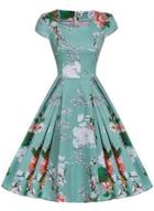 Oasap Vintage Short Sleeve Printed A-line Pleated Dress