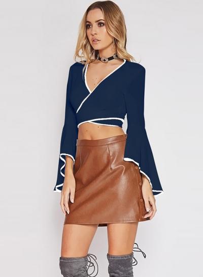 Oasap Deep V Neck Flare Sleeve Crop Tops