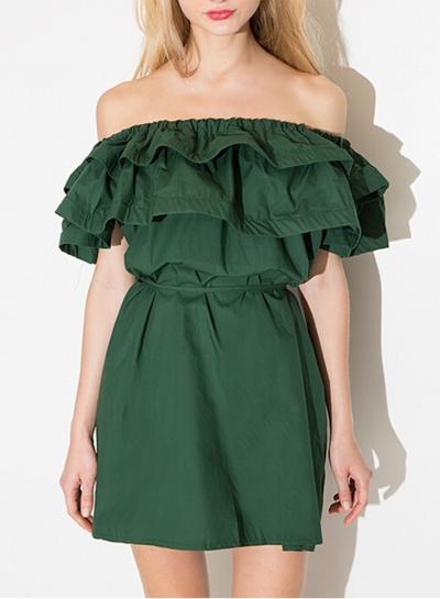 Oasap Off Shoulder Ruffle Short Sleeve Mini Dress With Belt
