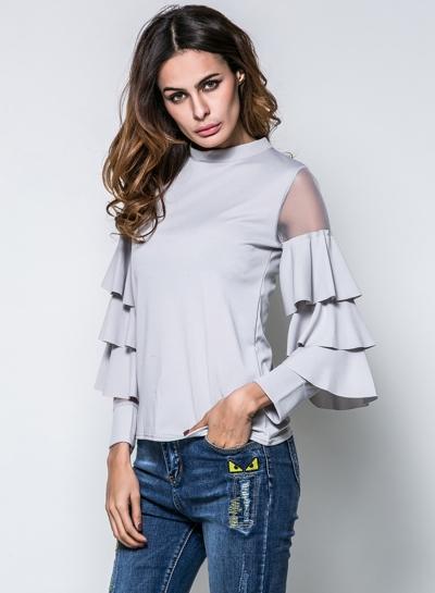 Oasap Stand Collar Flare Sleeve Top Blouses