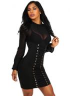 Oasap Grommet Crisscross Detail Sheer Long Sleeve Dress