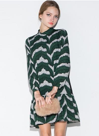 Oasap Women's Green Tribal Print Color Block Long Sleeve Dress