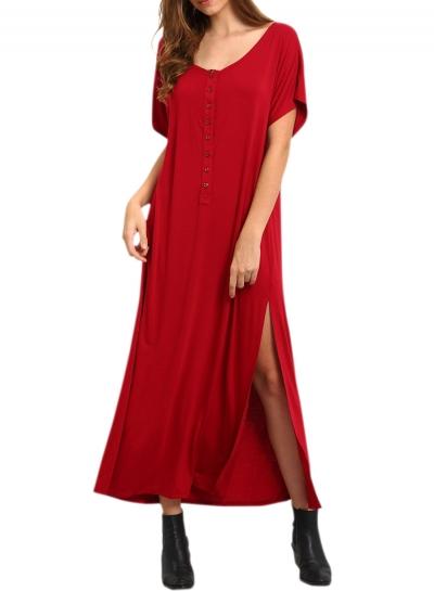 Oasap Women's Solid Color Round Neck Button Front Slit Dress
