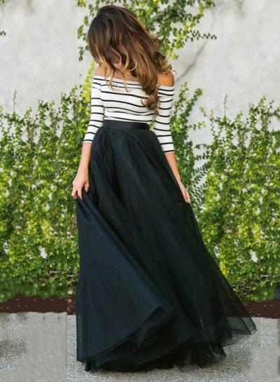 Oasap Striped Off Shoulder 3/4 Sleeve Evening Dress