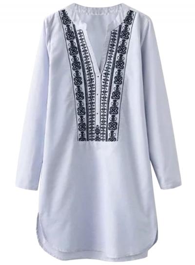 Oasap Women's Casual V Neck Long Sleeve Embroidery Shift Dress