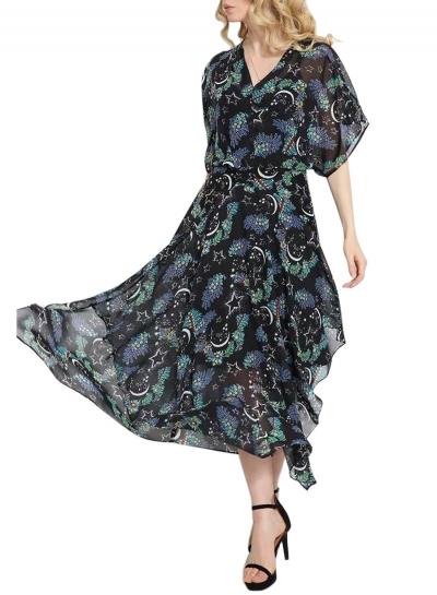 Oasap Women's V Neck Galaxy Print Asymmetrical Hem Dress Set