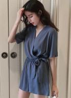 Oasap Solid Wrap V Neck Elastic Waist Chiffon Romper