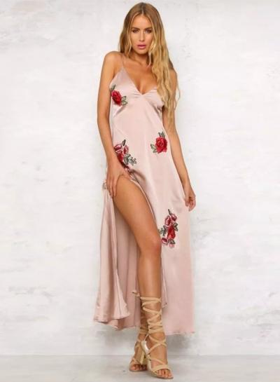 Oasap Spaghetti Strap Floral Embroidery Slit Maxi Prom Dress