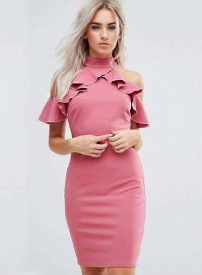 Oasap Mock Neck Off Shoulder Ruffle Bodycon Dress