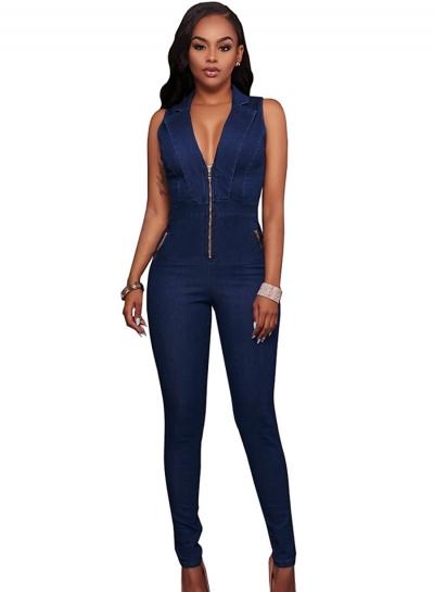 Oasap Fashion Slim Denim Sleeveless V Neck Front Zip Jumpsuit