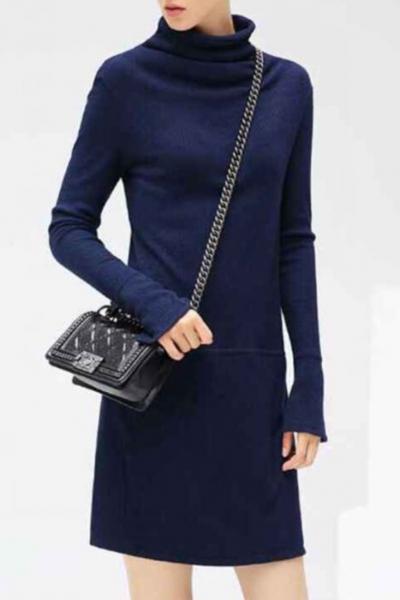 Oasap Simple Turtleneck Rivet Decoration Ribbed Knit Shift Dress