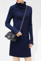 Oasap Simple Turtleneck Rivet Decoration Ribbed Knit Shift Dress