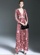 Oasap Elegant V Neck Long Sleeve High Waist Floral Maxi Dress