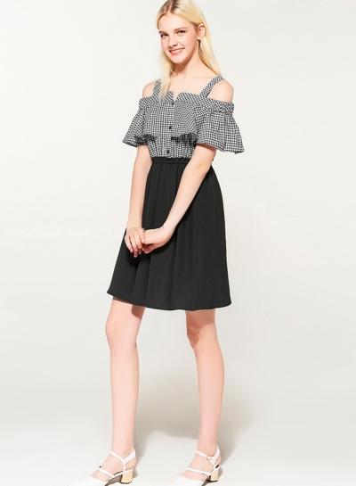 Oasap Plaid Off Shoulder Ruffle High Waist A-line Dress