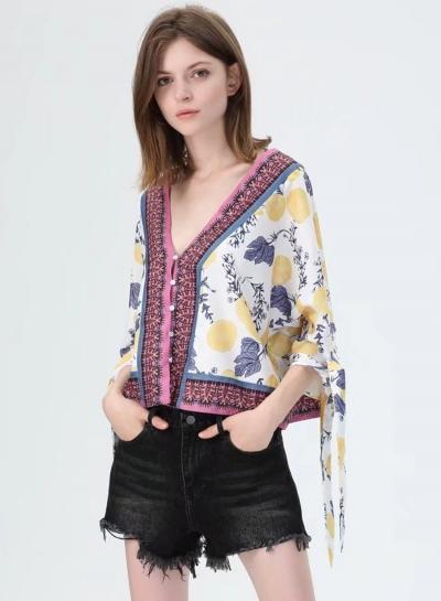 Oasap V Neck Fruit Print Bow Tie Cuff Button Down Shirt