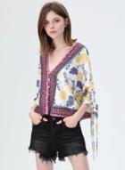 Oasap V Neck Fruit Print Bow Tie Cuff Button Down Shirt
