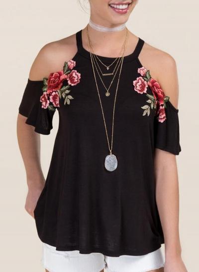 Oasap Halter Neck Off Shoulder Floral Embroidery Tees