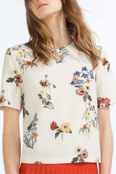 Oasap Casual Floral Printing Short Sleeve Pullover Tee