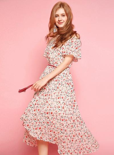 Oasap Off Shoulder Short Sleeve Floral High Low Dress