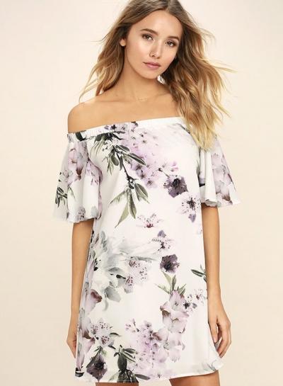 Oasap Slash Neck Flounce Sleeve Floral Print Dress