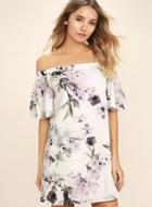 Oasap Slash Neck Flounce Sleeve Floral Print Dress