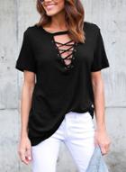 Oasap V Neck Short Sleeve Lace-up Front Casual Tee