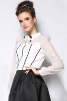 Oasap Fancy White Stripe Pattern Rosette Collared Woman Blouse