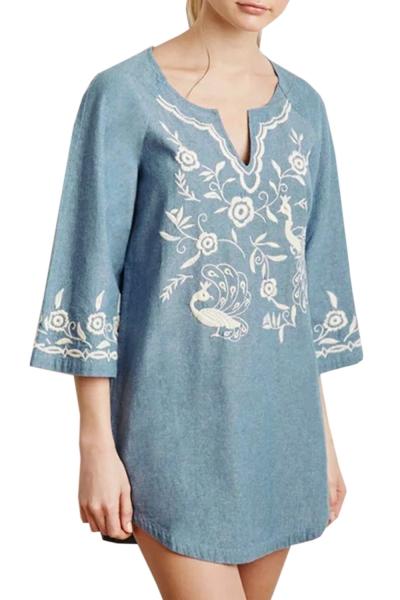 Oasap Women Floral Embroidery Print Cut-out Neck Loose Fit Denim Dress
