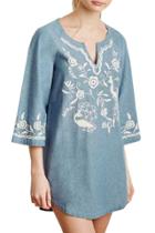 Oasap Women Floral Embroidery Print Cut-out Neck Loose Fit Denim Dress