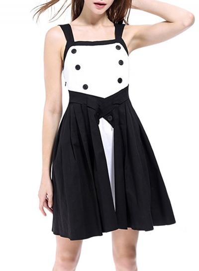 Oasap Color Block Button Detail Pleated Party Dress