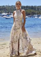 Oasap Boho Halter Backless High Split Floral Beach Dress