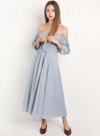 Oasap Off Shoulder Long Sleeve Striped Maxi Dress
