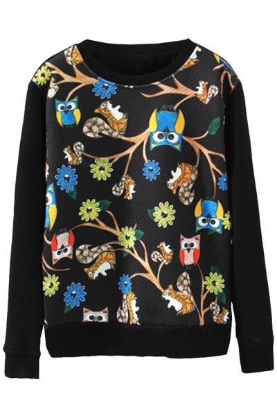 Oasap Vintage Owl Pattern Textured Sweatshirt