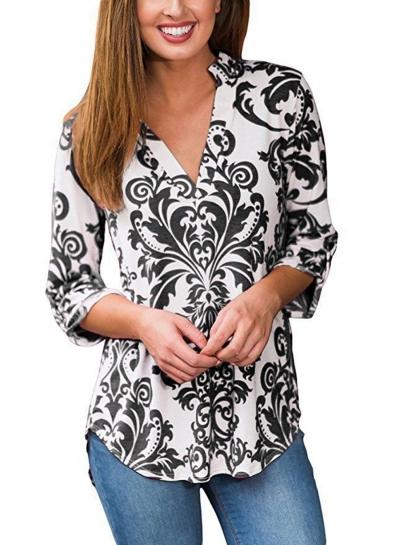 Oasap V Neck Long Sleeve Floral Printed High Low Blouse