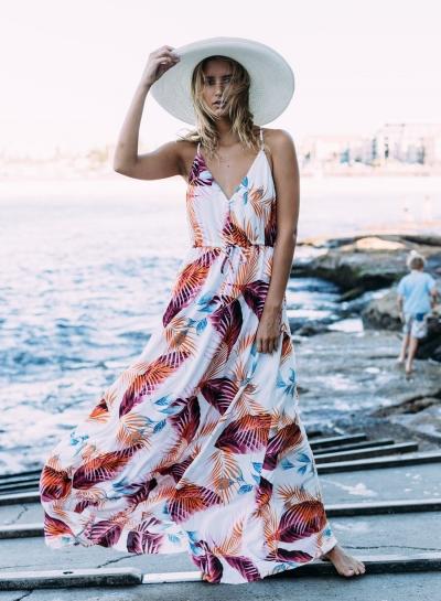 Oasap Bohemian Spaghetti Strap V Neck Leaves Print Maxi Dress