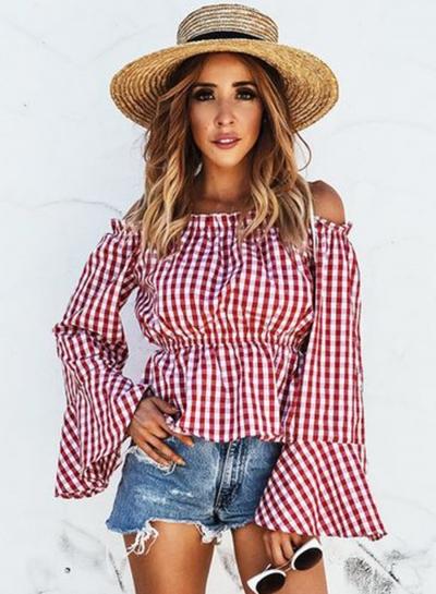 Oasap Slash Neck Flare Sleeve Plaid Blouses