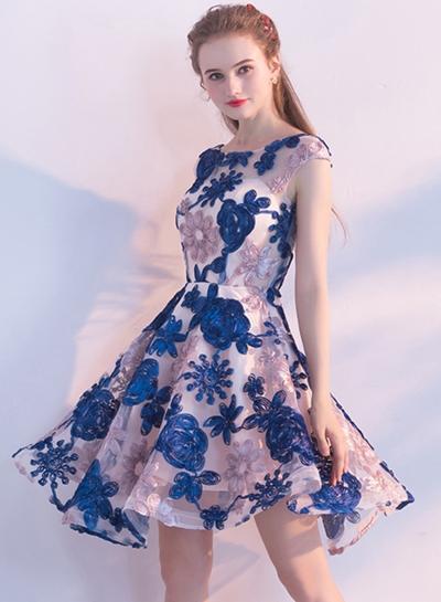 Oasap Lace Round Neck High Waist A-line Party Cocktail Dress