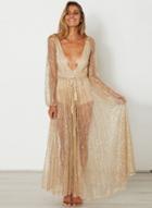 Oasap Sequins Deep V Neck See Through Maxi Dress